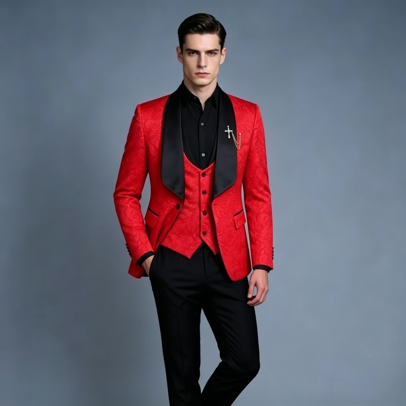 Men Formal Wear Pink - Мужской розово-белый приталенный трехкомпонентный смокинг с